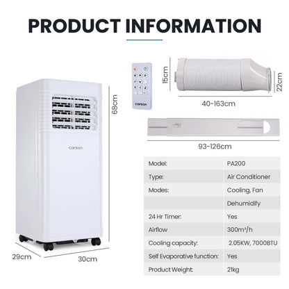 2.05kW Portable Air Conditioner with Dehumidifier & Fan for 15m² Rooms