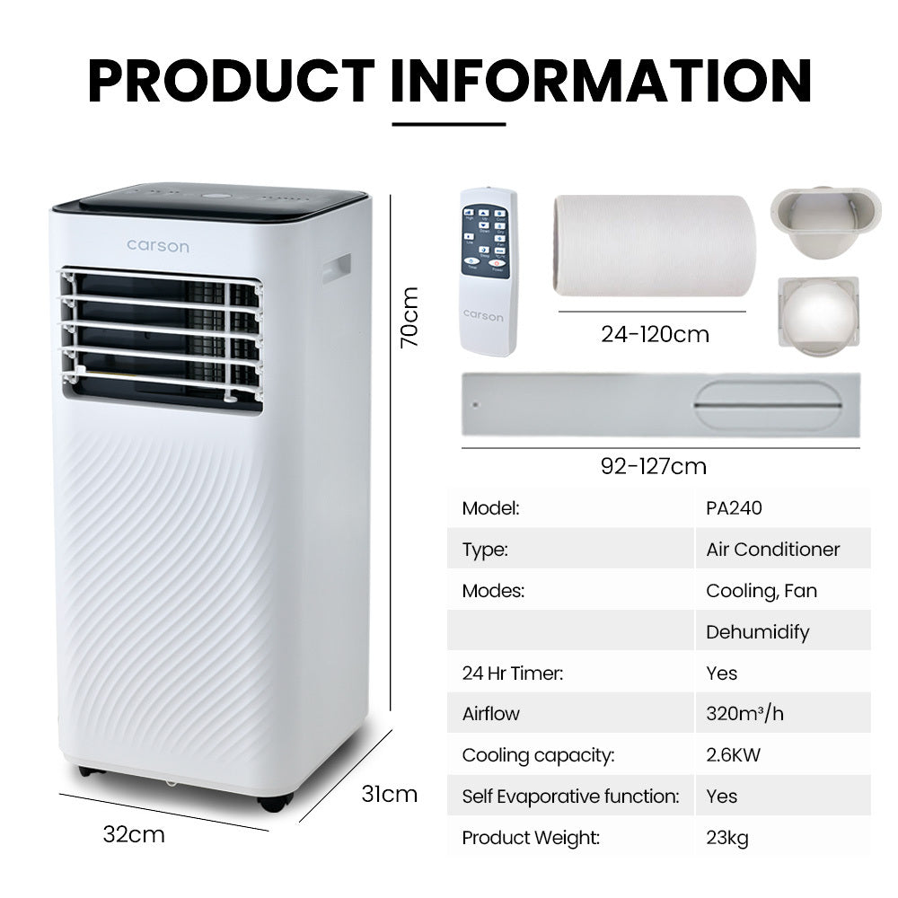 2.6kW Portable AC with Dehumidifier, Fan, Remote & Timer - Covers 20m²