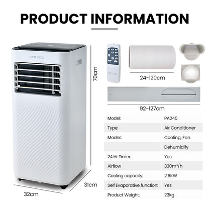 2.6kW Portable AC with Dehumidifier, Fan, Remote & Timer - Covers 20m²
