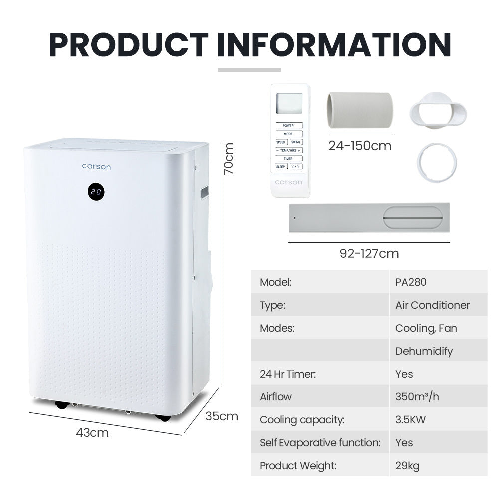 3.5kW Portable Air Conditioner with Dehumidifier & Fan for 25m² Rooms