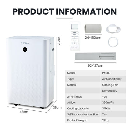3.5kW Portable Air Conditioner with Dehumidifier & Fan for 25m² Rooms