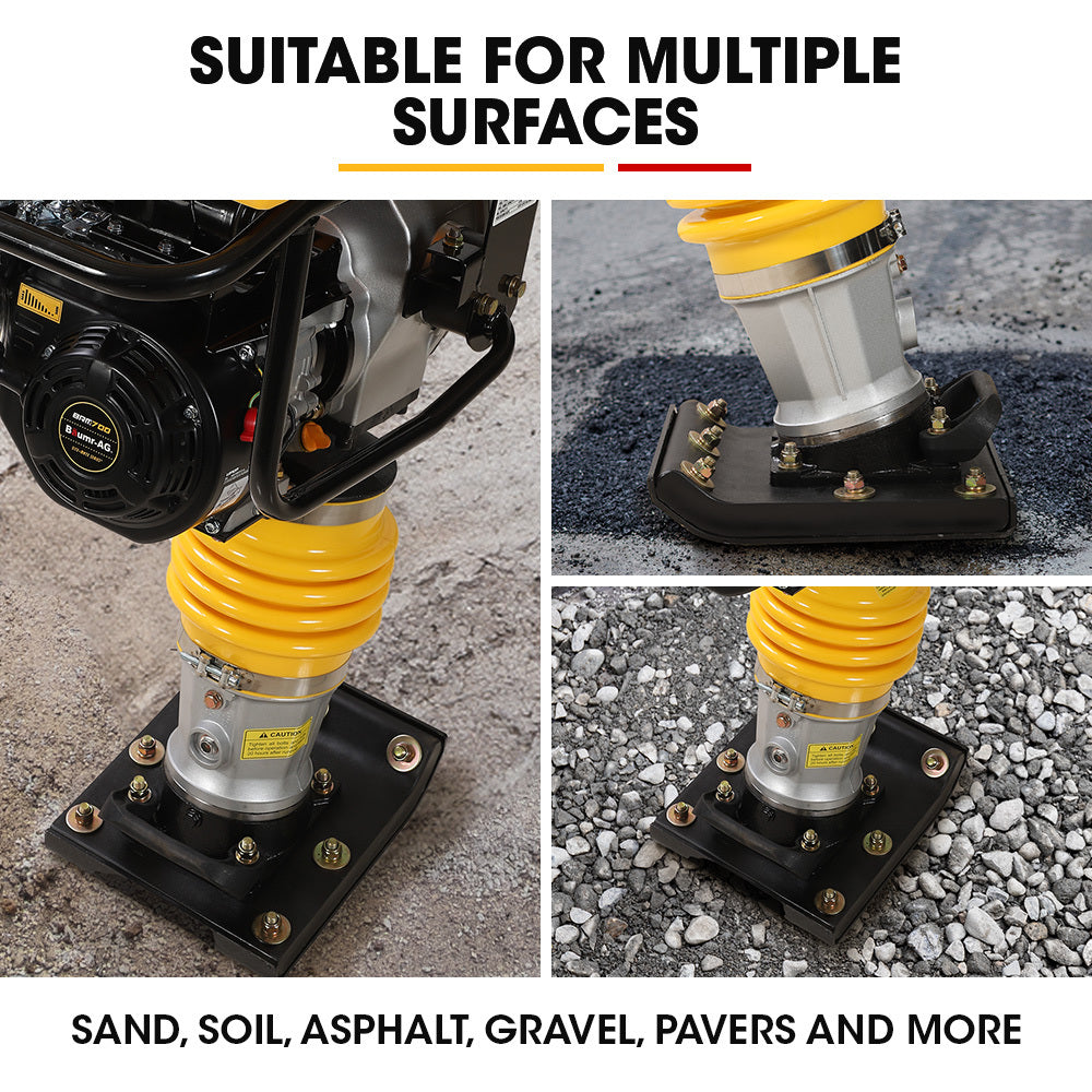 77kg 0.28 x 0.35m Tamping Rammer, 10kN 6.5hp w/ Wheel Kit & Compactor
