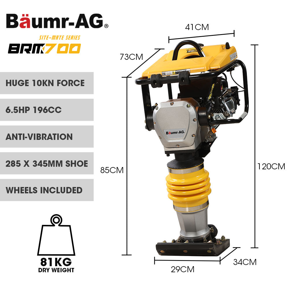 77kg 0.28 x 0.35m Tamping Rammer, 10kN 6.5hp w/ Wheel Kit & Compactor