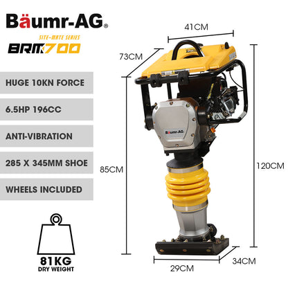 77kg 0.28 x 0.35m Tamping Rammer, 10kN 6.5hp w/ Wheel Kit & Compactor