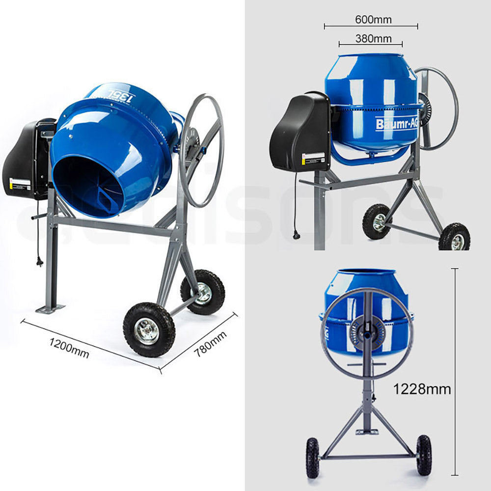 135L Portable Electric Cement Mixer with Dual Fast-Mix Blades and 0.8 kW Motor