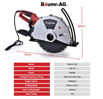 Electric 0.355m Concrete Saw with Diamond Blade, Wet/Dry Cutting, 14kg, 2400W