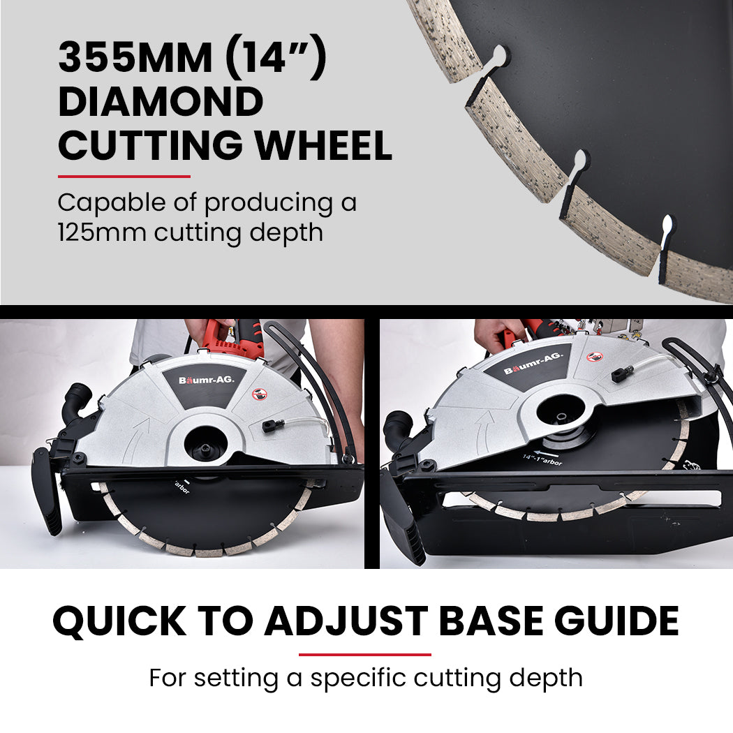 Electric 0.355m Concrete Saw with Diamond Blade, Wet/Dry Cutting, 14kg, 2400W