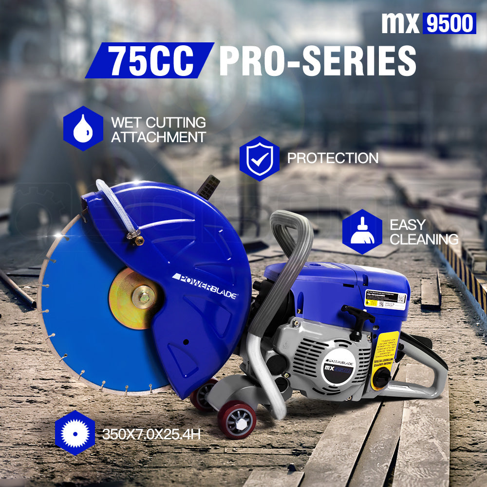 MX9500 Concrete Cut-Off Saw with 0.35m Blade & 75cc Engine, Wet Cutting System