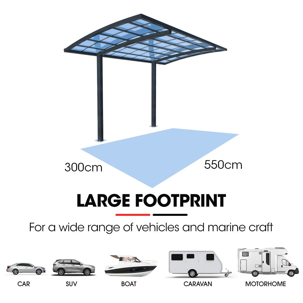 Single Cantilever Carport 3.0m x 5.5m Aluminium, Polycarbonate Roof Shelter