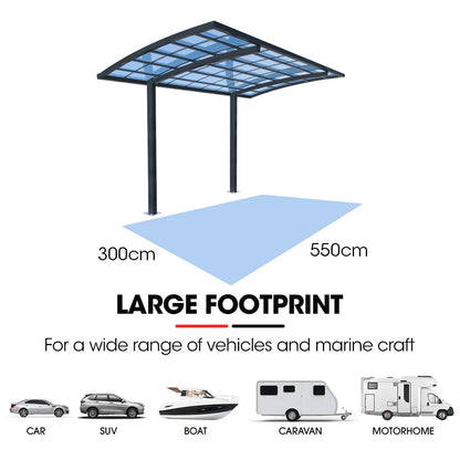 Single Cantilever Carport 3.0m x 5.5m Aluminium, Polycarbonate Roof Shelter