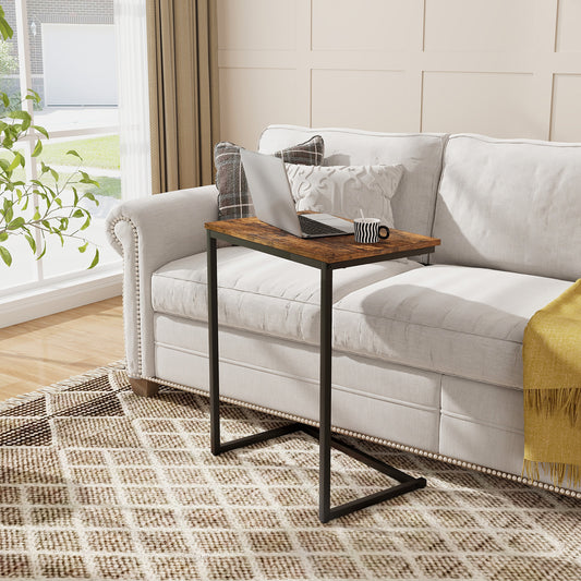 C-shaped End Table Vintage Accent Couch Table with Heavy-duty Metal Frame-Rustic Brown