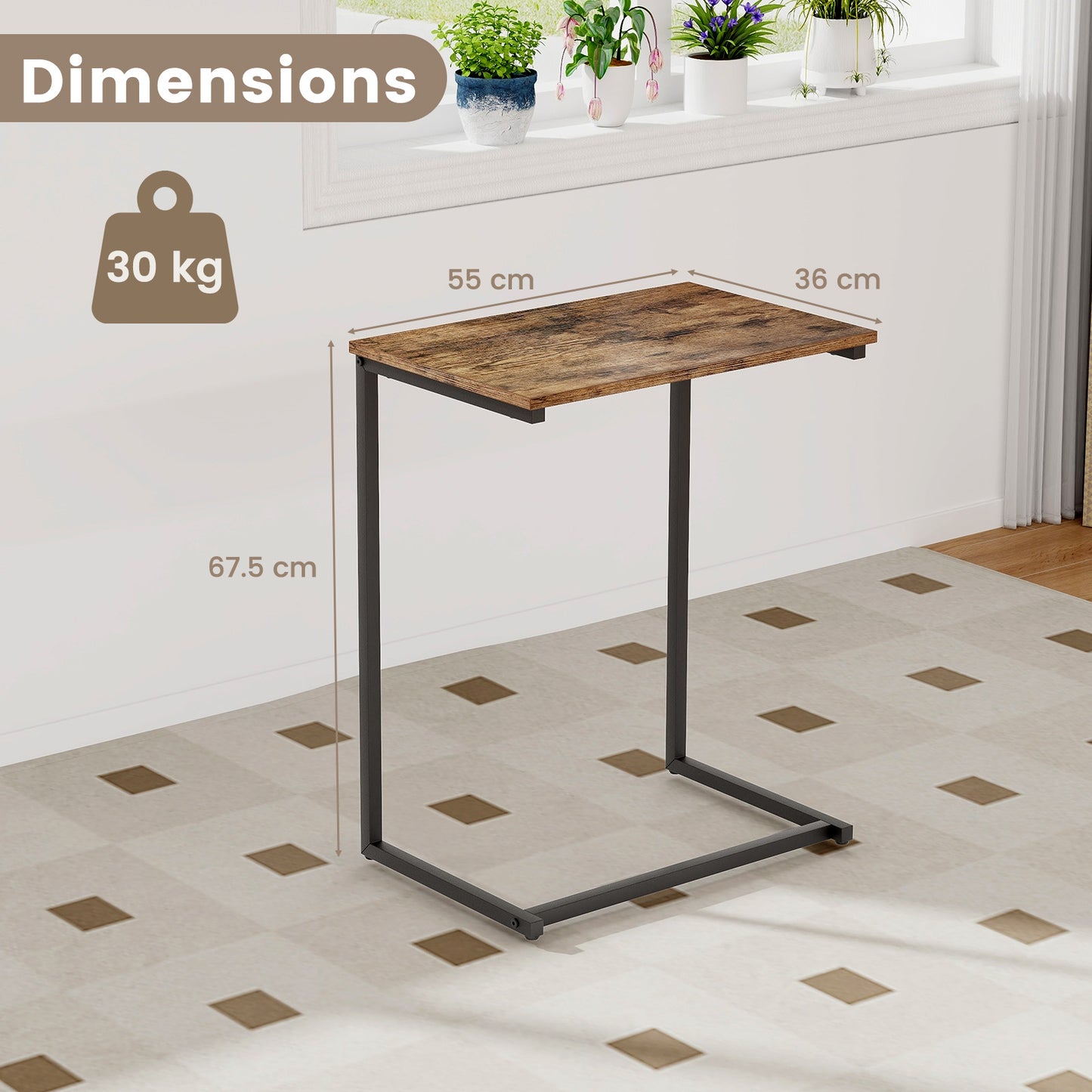 C-shaped End Table Vintage Accent Couch Table with Heavy-duty Metal Frame-Rustic Brown