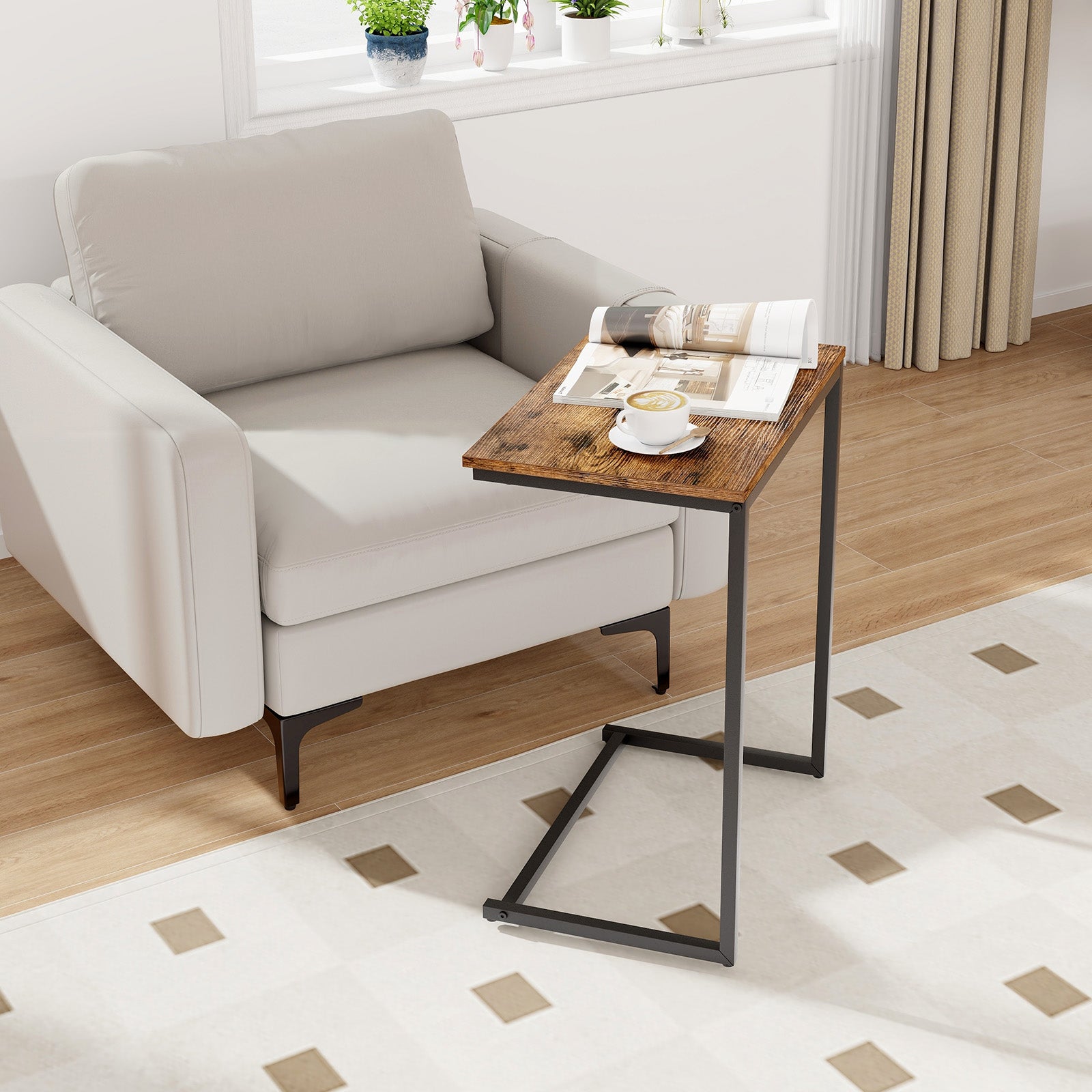 C-shaped End Table Vintage Accent Couch Table with Heavy-duty Metal Frame-Rustic Brown