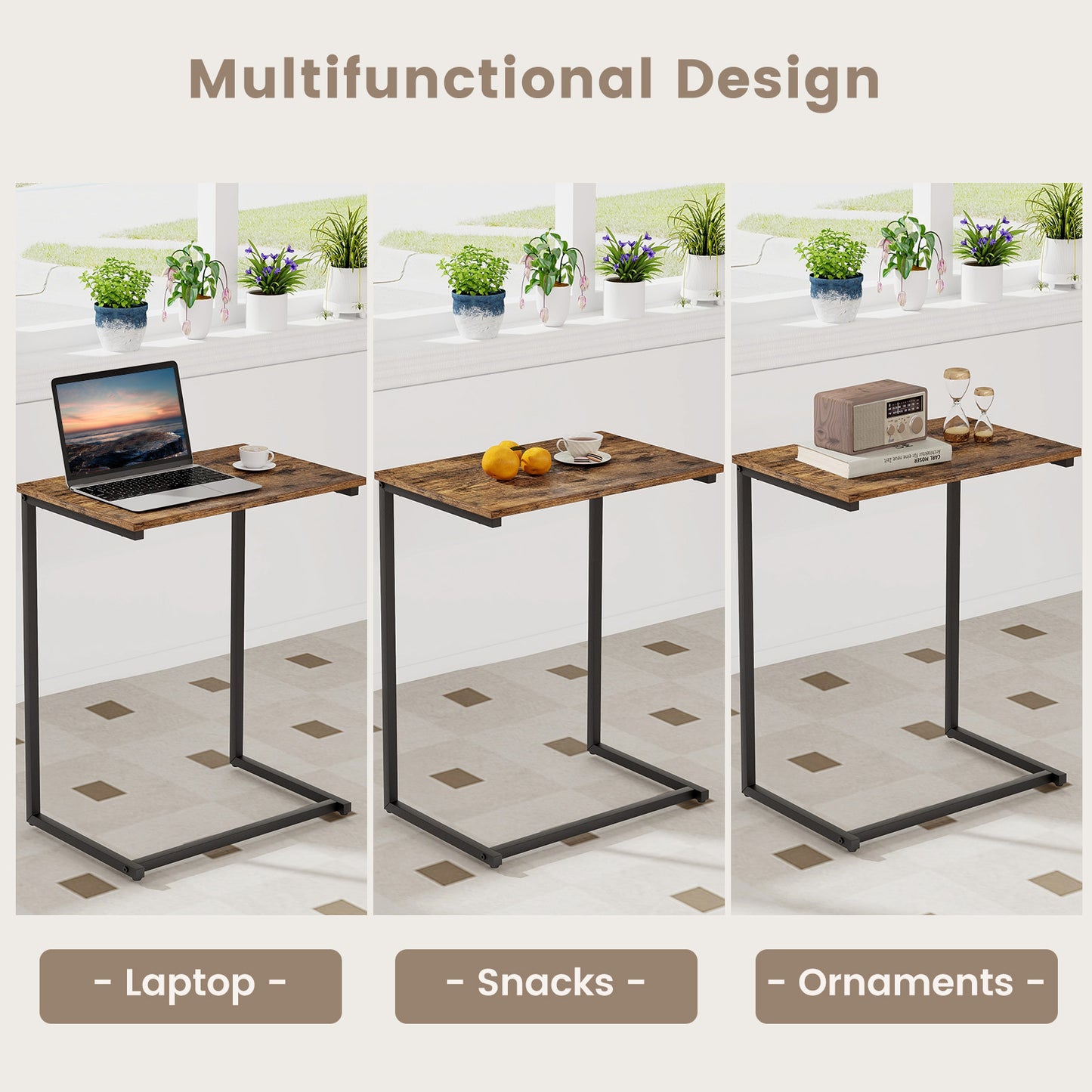 C-shaped End Table Vintage Accent Couch Table with Heavy-duty Metal Frame-Rustic Brown