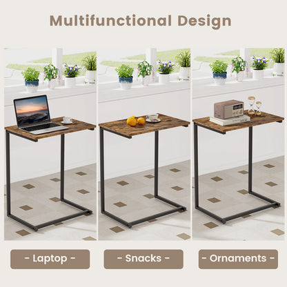 C-shaped End Table Vintage Accent Couch Table with Heavy-duty Metal Frame-Rustic Brown