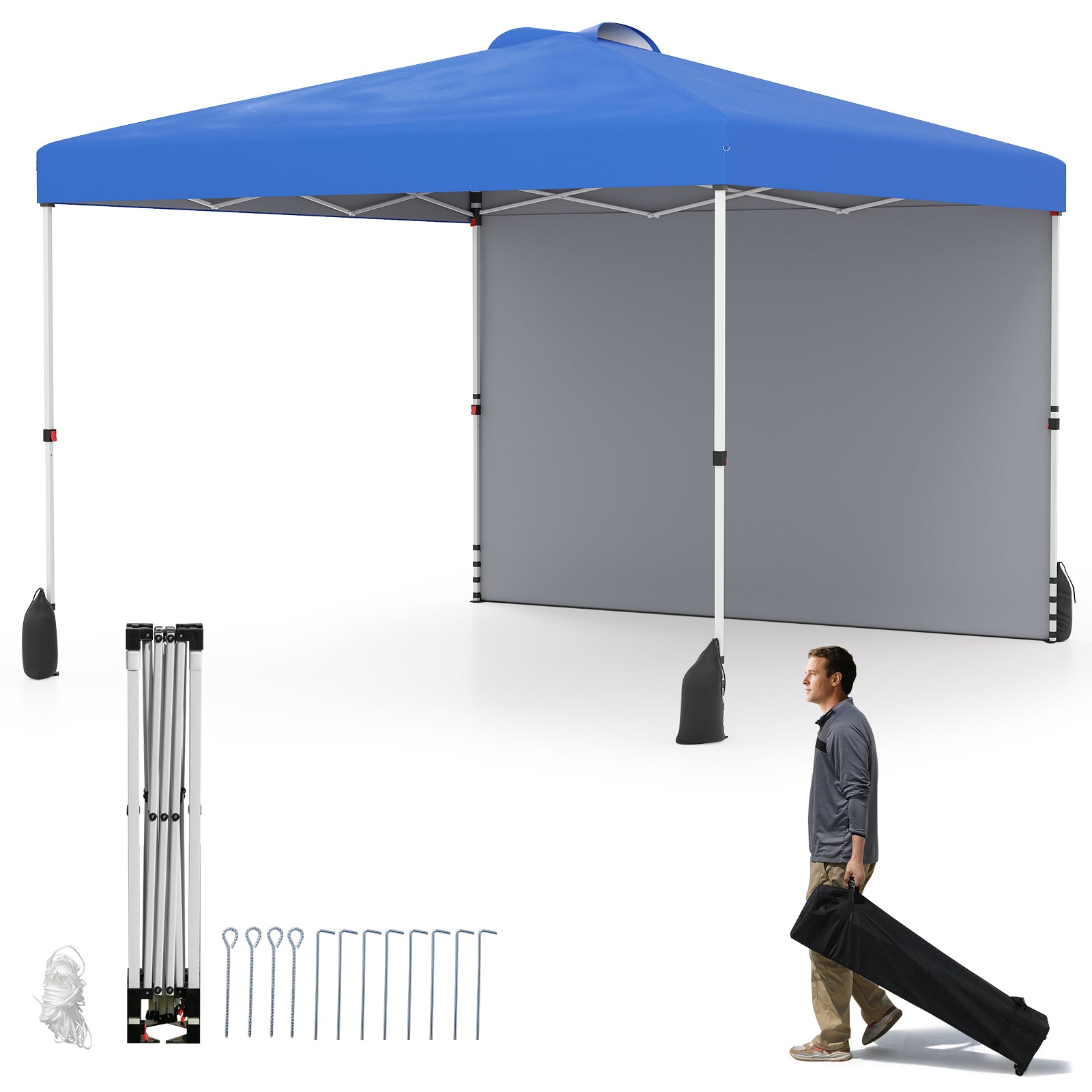 3 x 3 m Pop up Canopy Tent with 1 Sidewall and Wheeled Bag-Blue