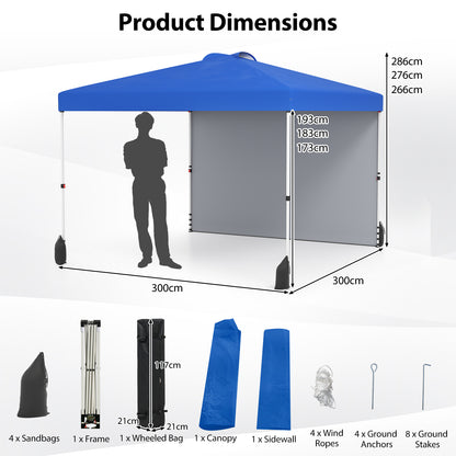 3 x 3 m Pop up Canopy Tent with 1 Sidewall and Wheeled Bag-Blue