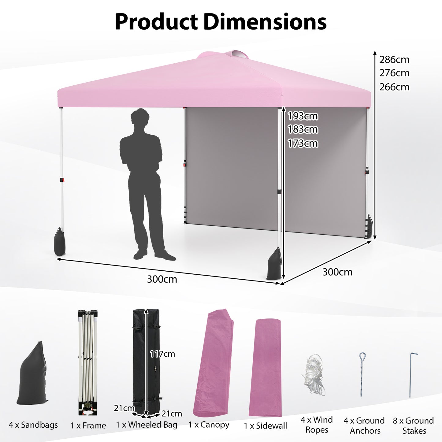 3 x 3 m Pop up Canopy Tent with 1 Sidewall and Wheeled Bag-Pink