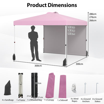 3 x 3 m Pop up Canopy Tent with 1 Sidewall and Wheeled Bag-Pink