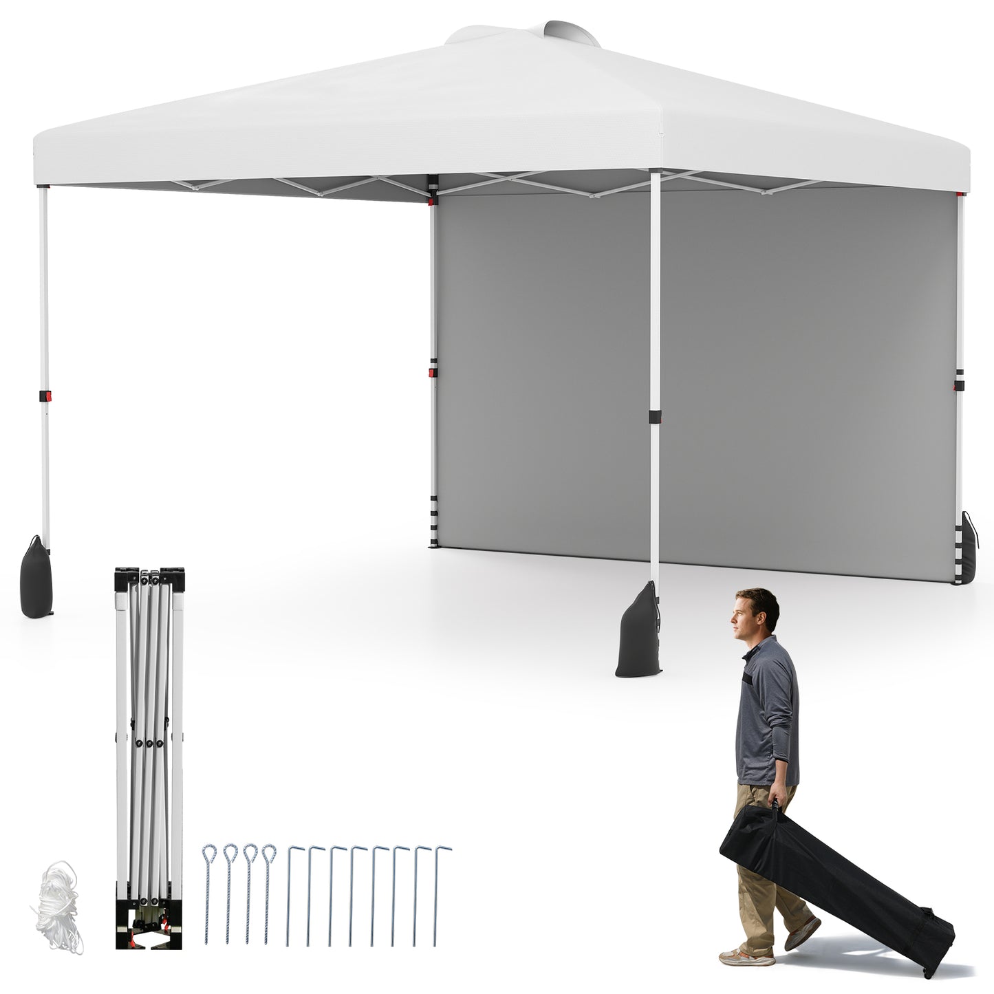 3 x 3 m Pop up Canopy Tent with 1 Sidewall and Wheeled Bag-White