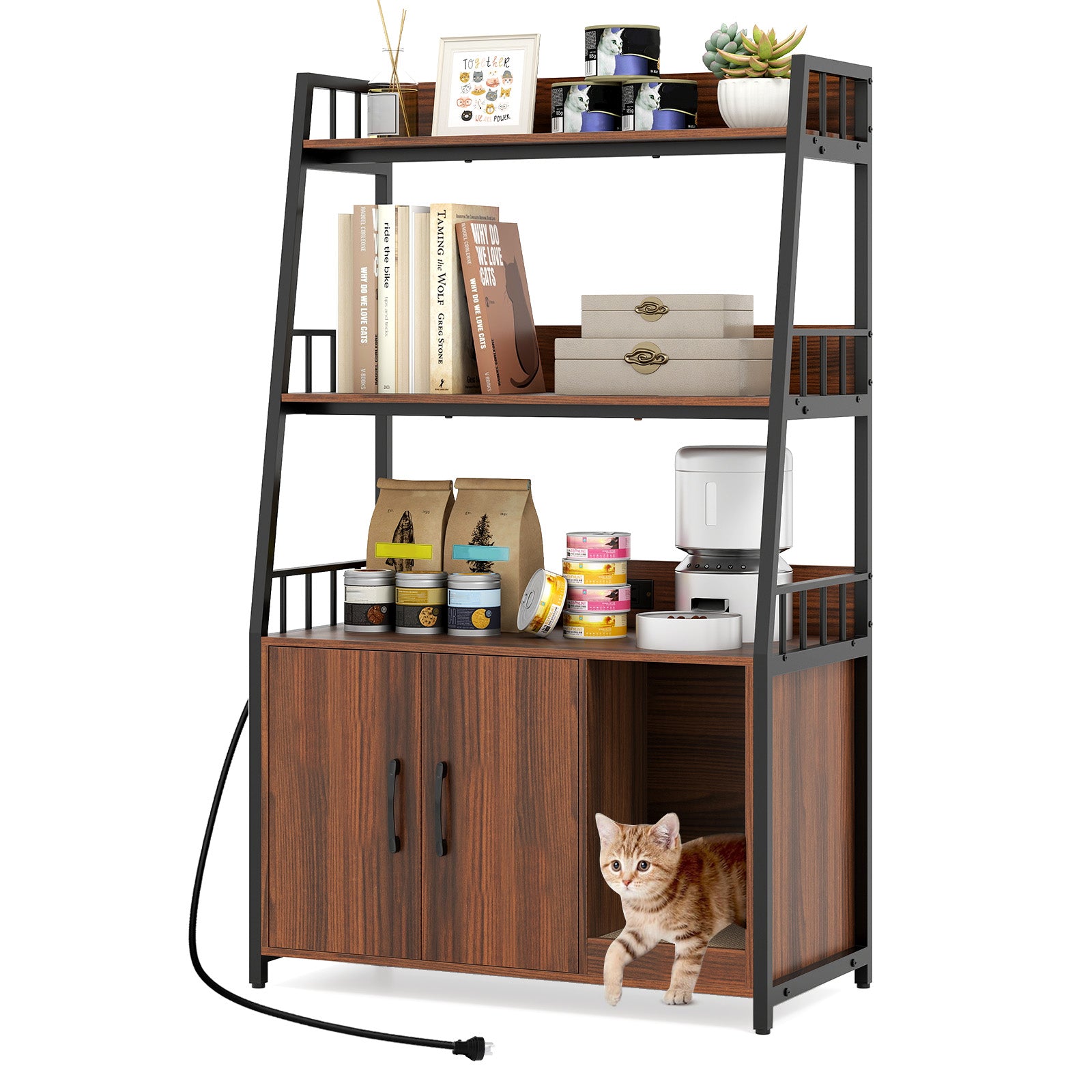 Cat Litter Box Enclosure with Storage Shelves and Scratching Pad-Walnut
