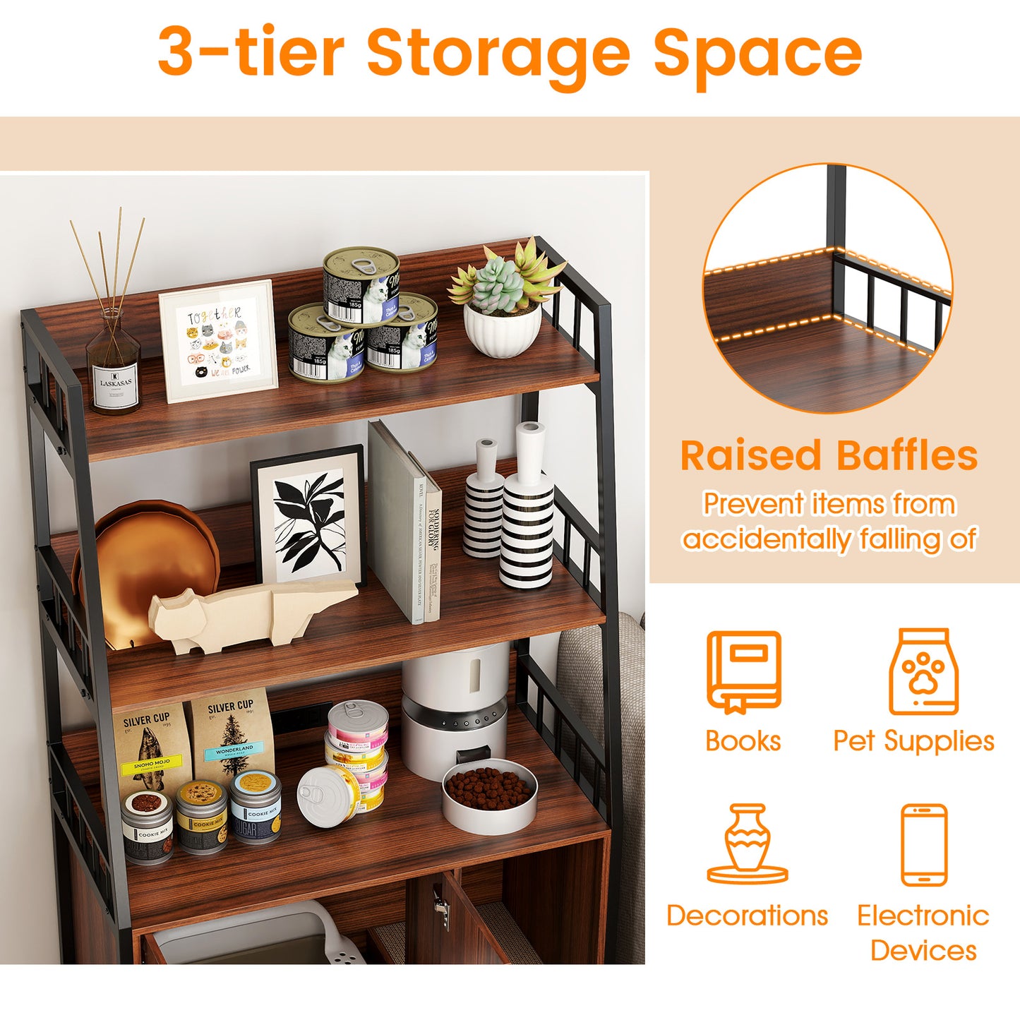 Cat Litter Box Enclosure with Storage Shelves and Scratching Pad-Walnut