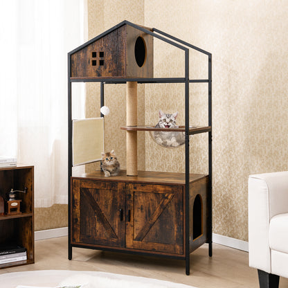 Industrial Cat Tower with Hidden Washroom and Litter Box Enclosure-Rustic Brown