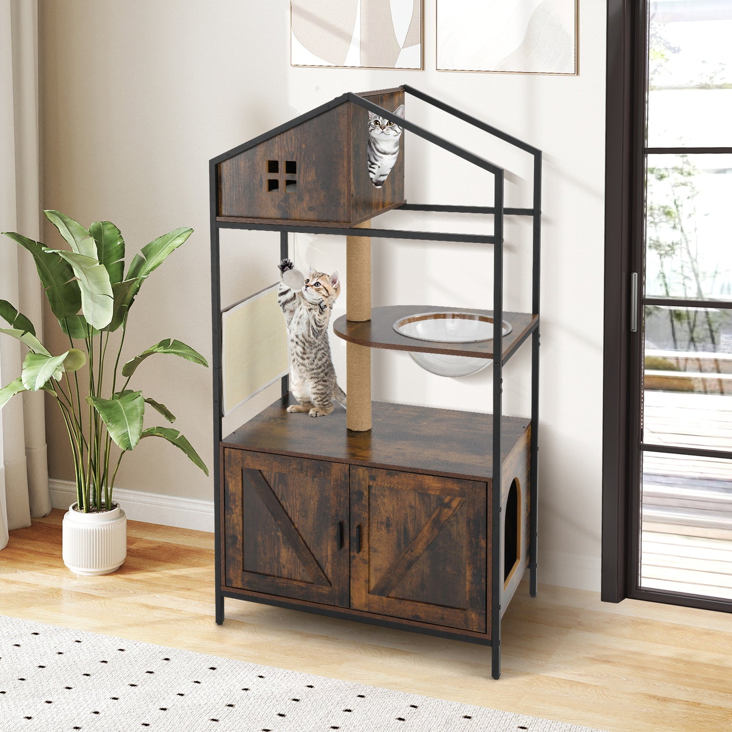 Industrial Cat Tower with Hidden Washroom and Litter Box Enclosure-Rustic Brown