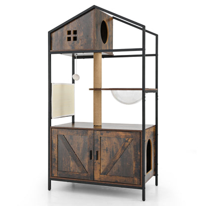 Industrial Cat Tower with Hidden Washroom and Litter Box Enclosure-Rustic Brown