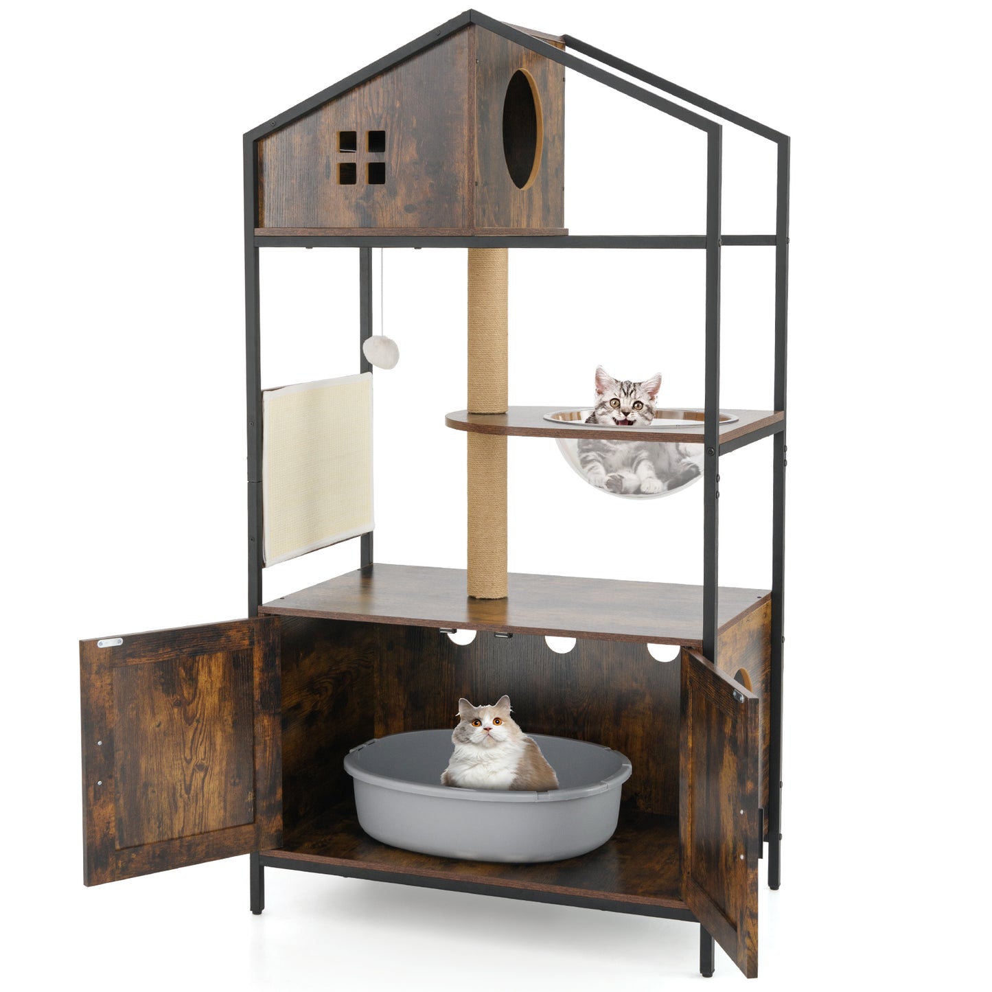 Industrial Cat Tower with Hidden Washroom and Litter Box Enclosure-Rustic Brown
