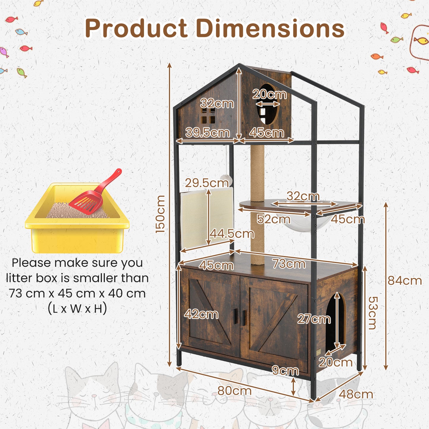 Industrial Cat Tower with Hidden Washroom and Litter Box Enclosure-Rustic Brown