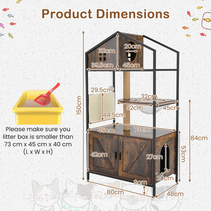Industrial Cat Tower with Hidden Washroom and Litter Box Enclosure-Rustic Brown