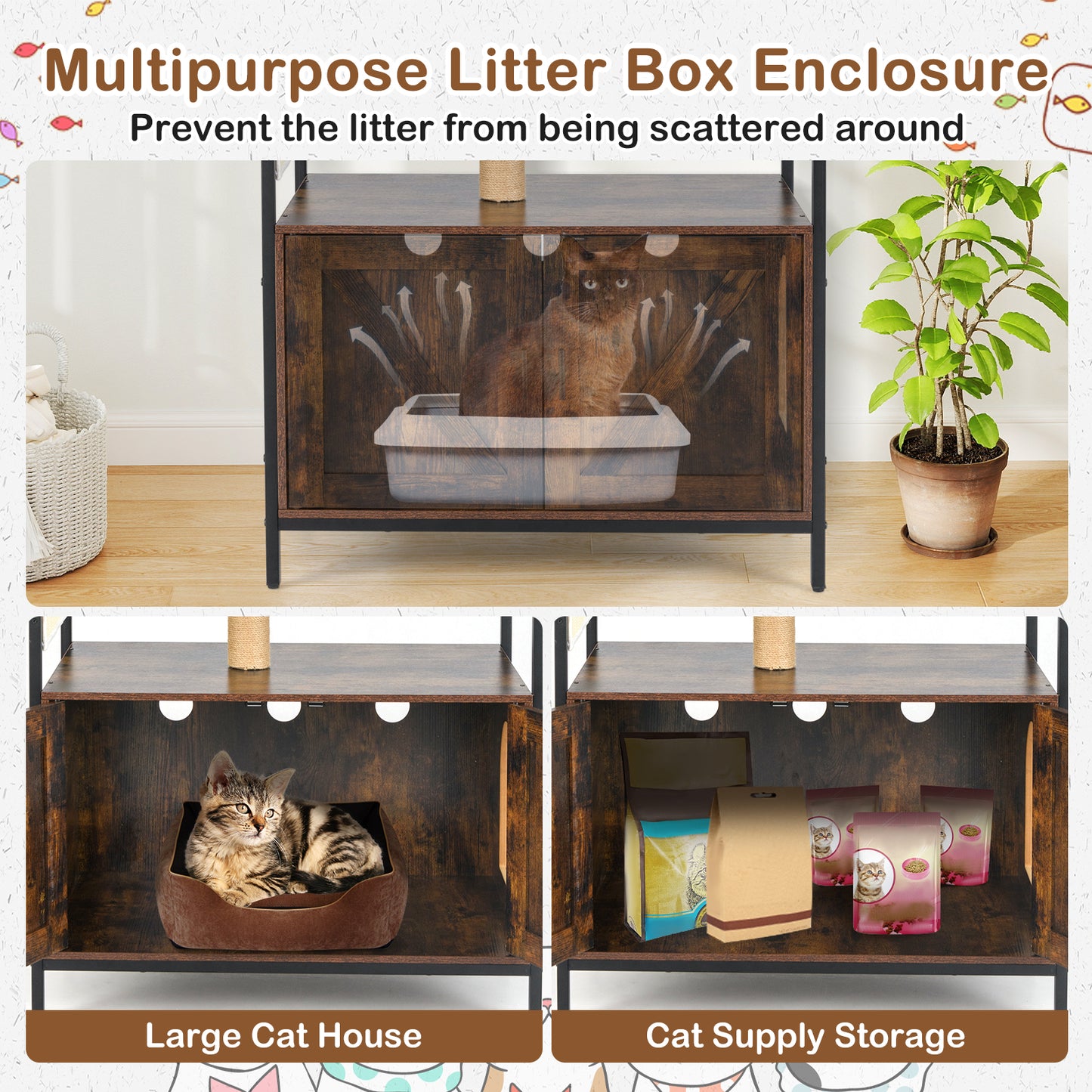 Industrial Cat Tower with Hidden Washroom and Litter Box Enclosure-Rustic Brown