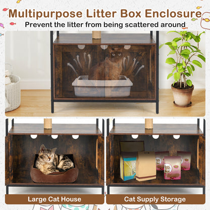 Industrial Cat Tower with Hidden Washroom and Litter Box Enclosure-Rustic Brown