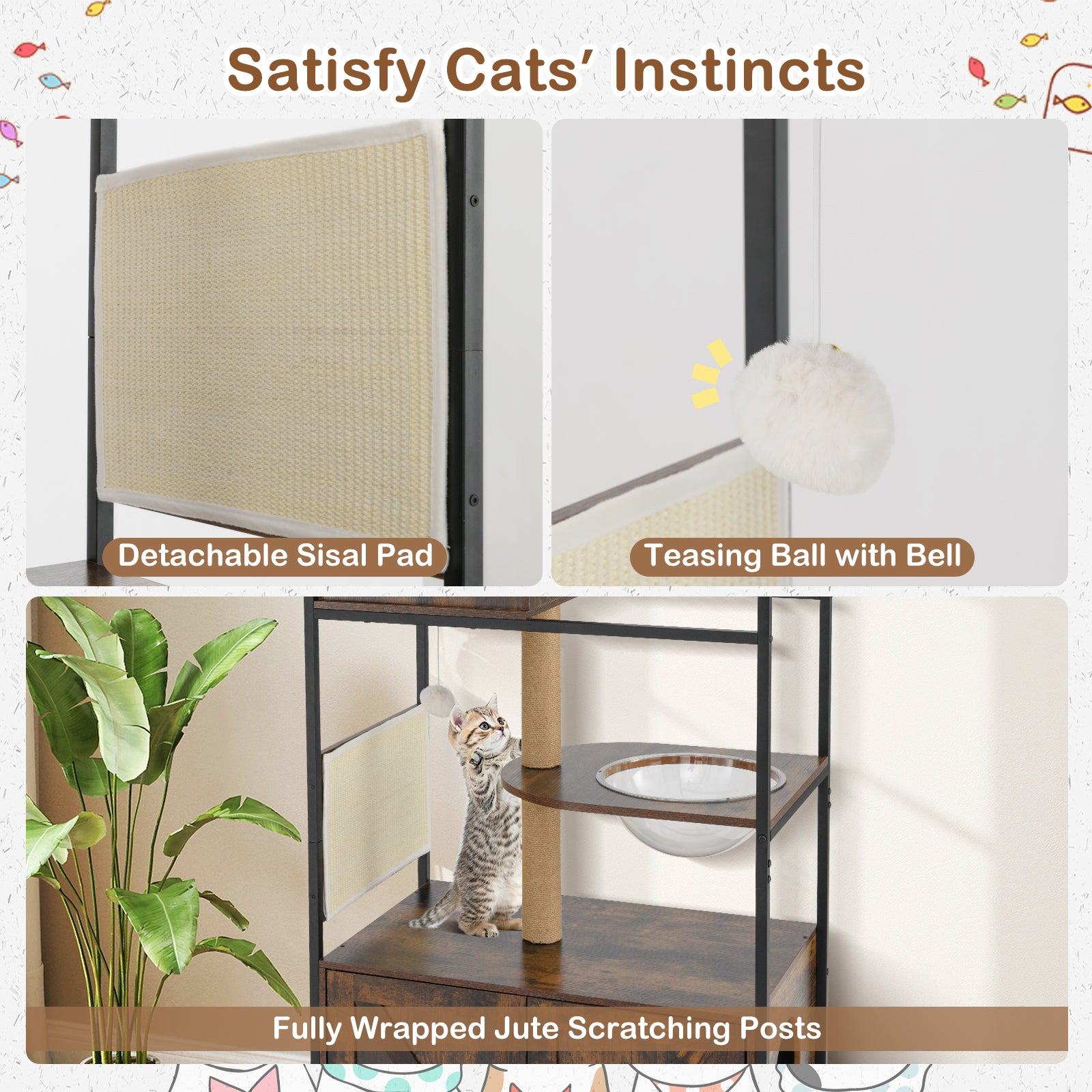 Industrial Cat Tower with Hidden Washroom and Litter Box Enclosure-Rustic Brown