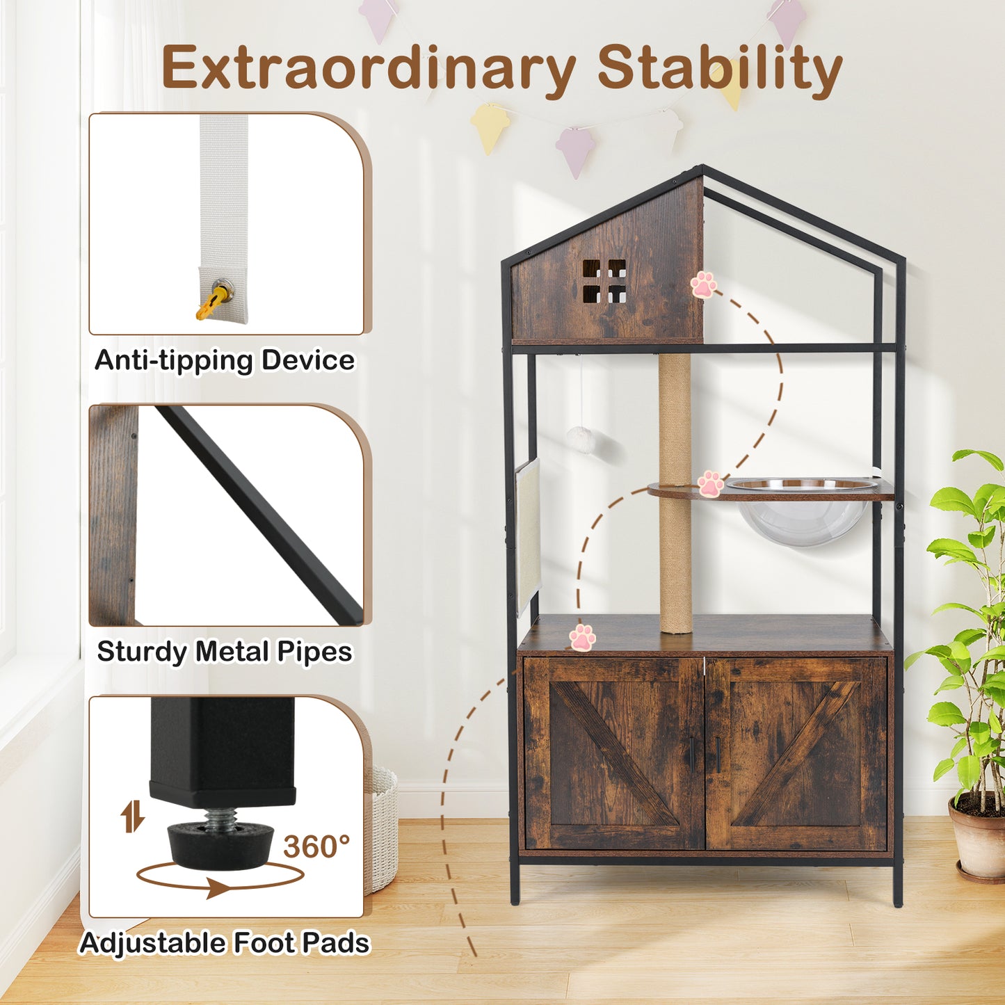 Industrial Cat Tower with Hidden Washroom and Litter Box Enclosure-Rustic Brown