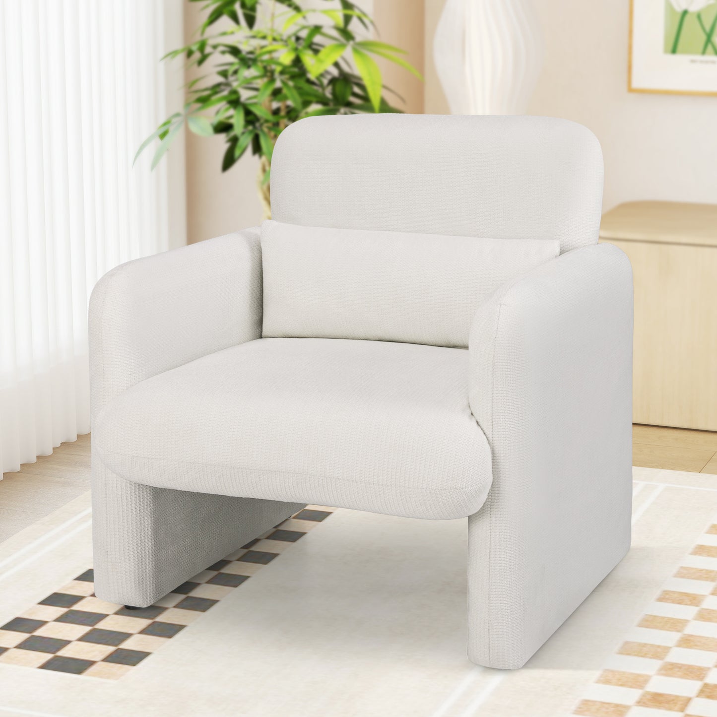 Chenille Accent Chair with Removable Lumbar Pillow Living Room Bedroom-White