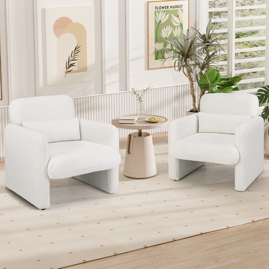 Chenille Accent Chair with Removable Lumbar Pillow Living Room Bedroom-White