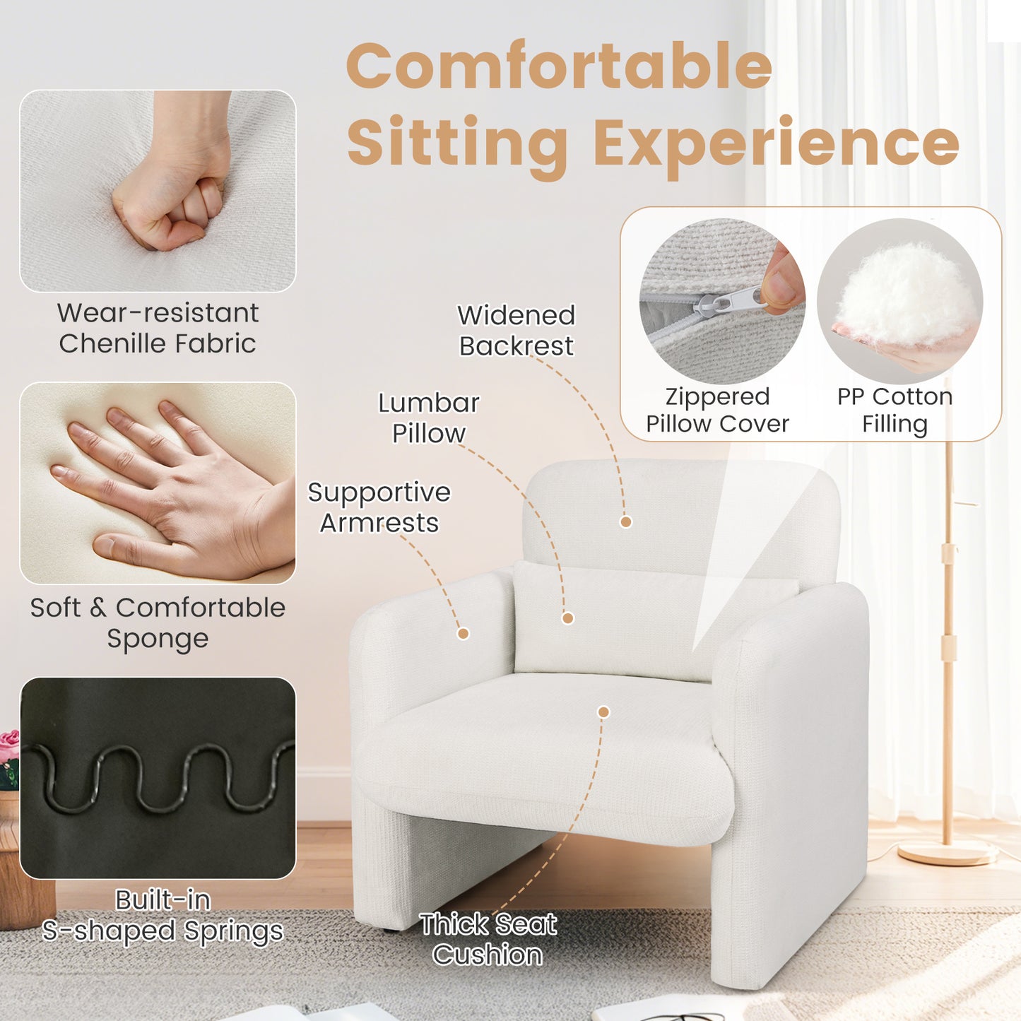 Chenille Accent Chair with Removable Lumbar Pillow Living Room Bedroom-White