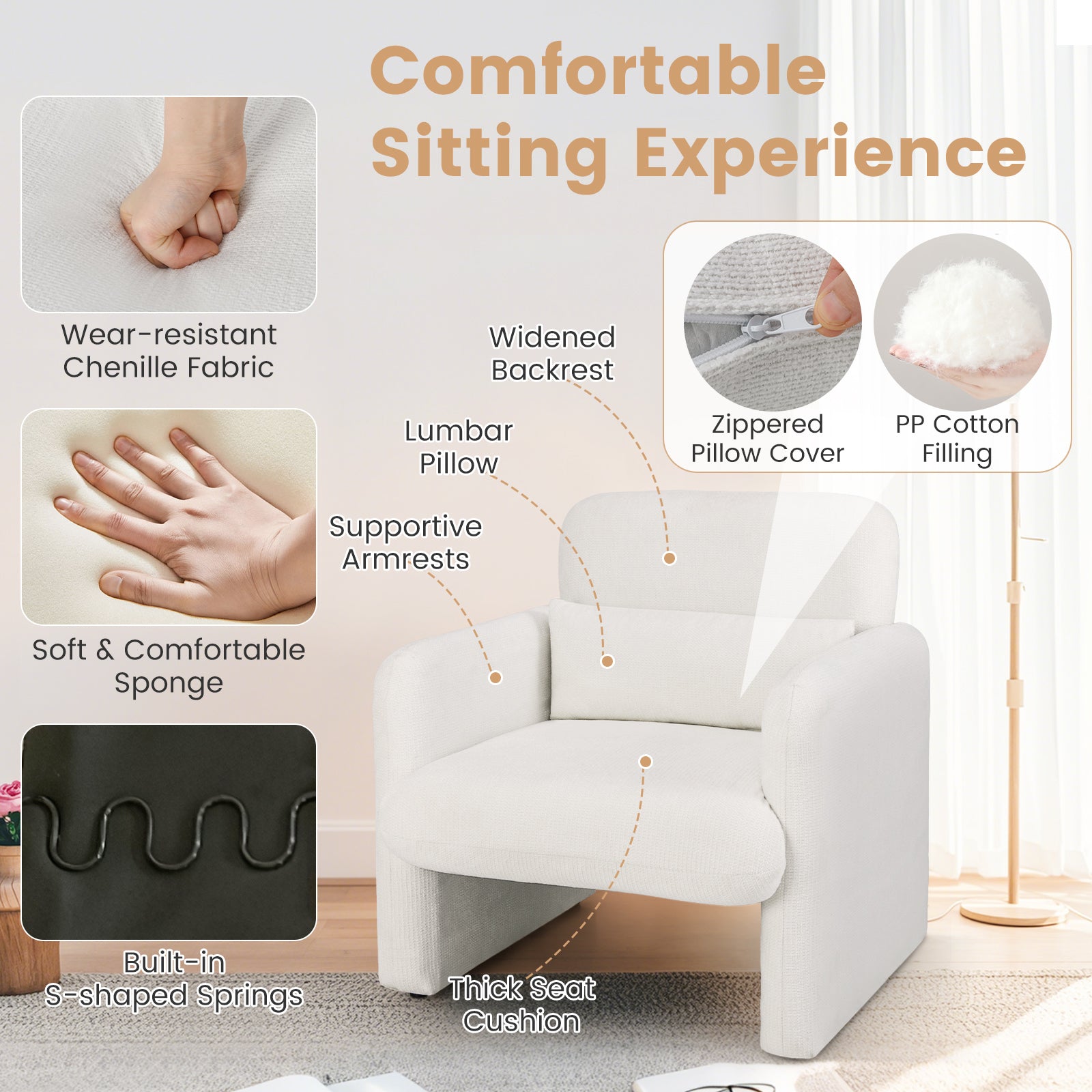 Chenille Accent Chair with Removable Lumbar Pillow Living Room Bedroom-White