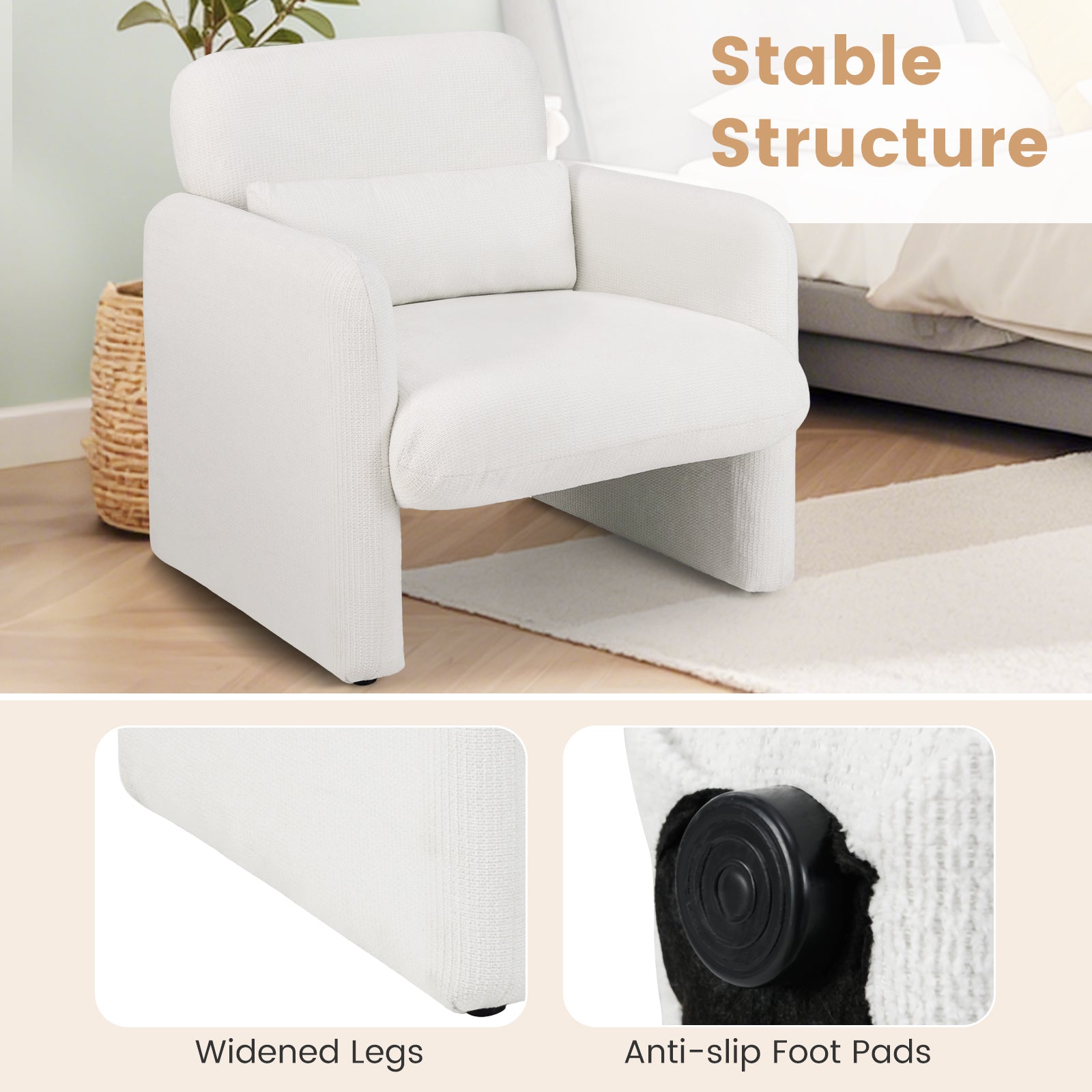 Chenille Accent Chair with Removable Lumbar Pillow Living Room Bedroom-White