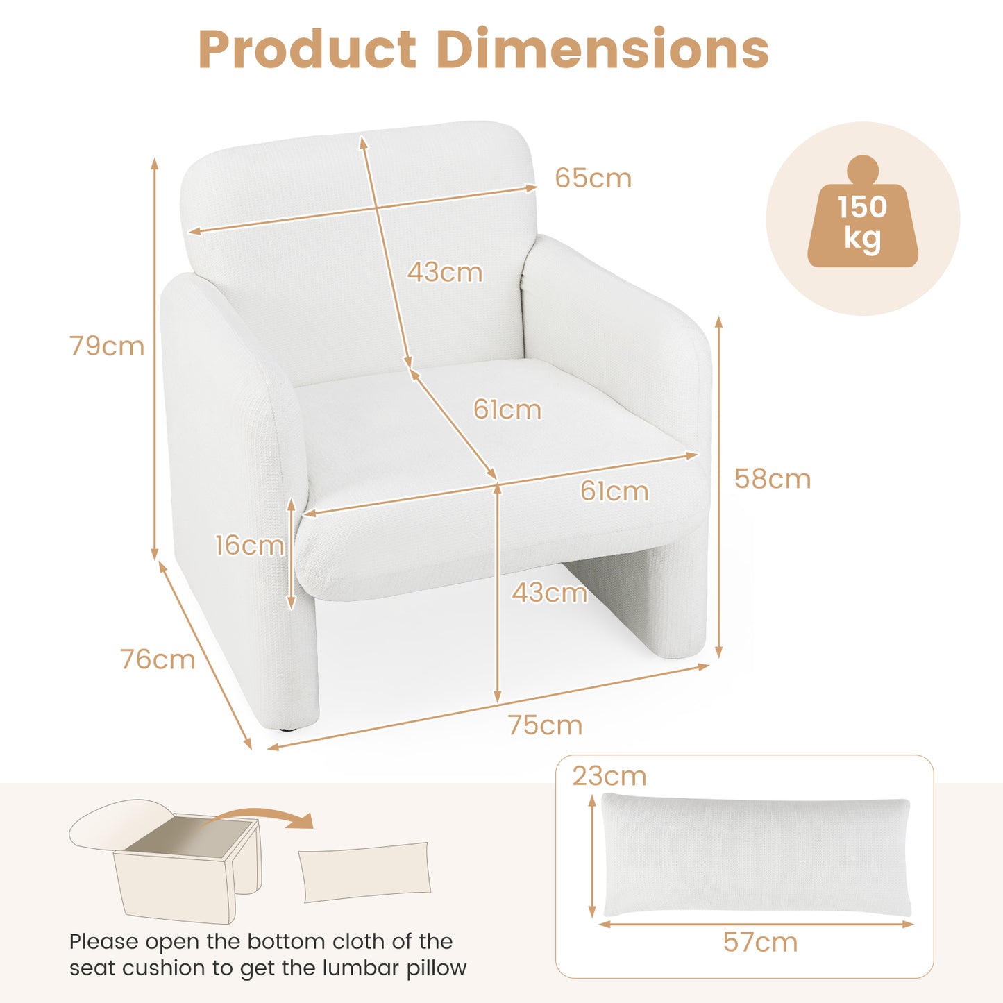 Chenille Accent Chair with Removable Lumbar Pillow Living Room Bedroom-White