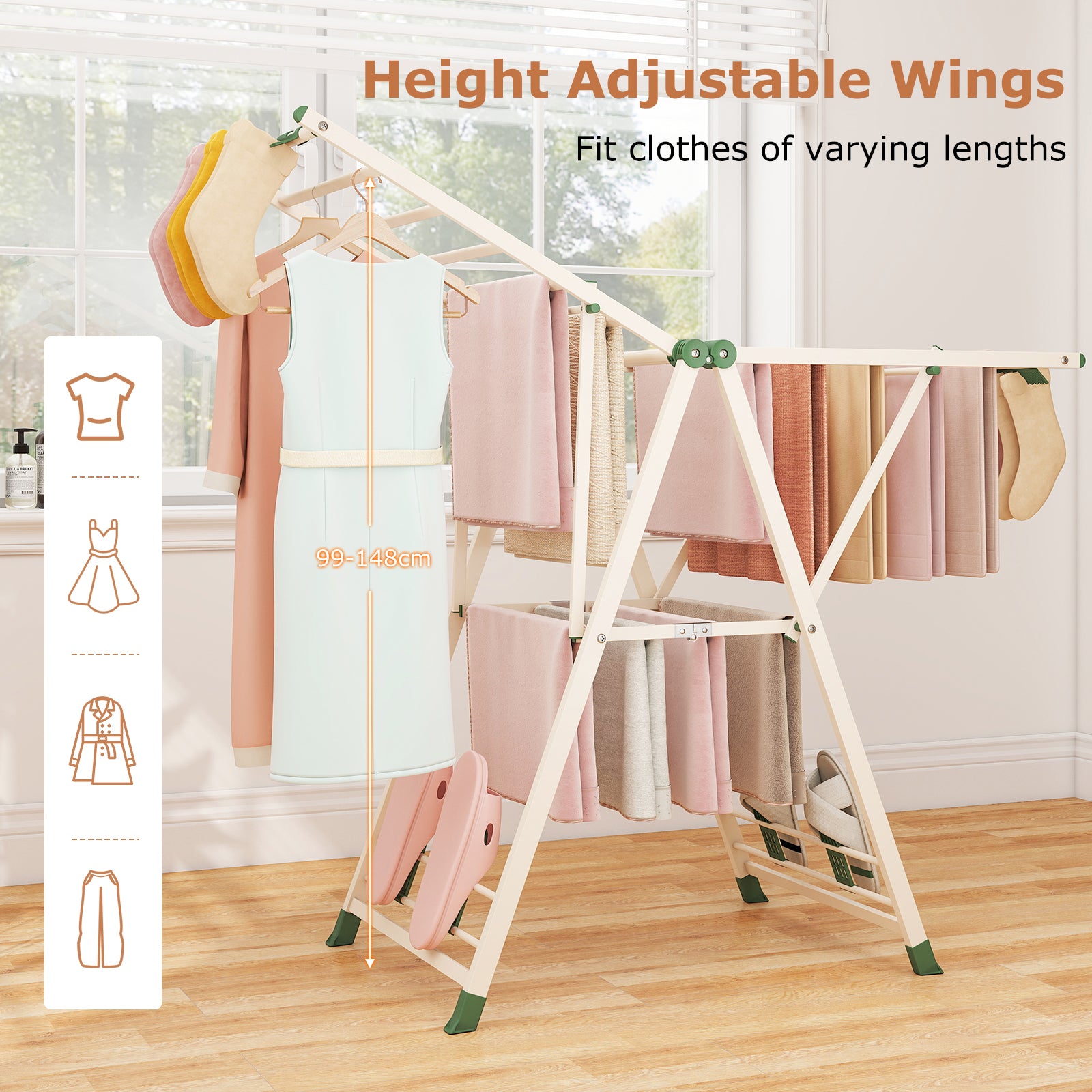 140cm Clothes Drying Rack Foldable Metal Laundry Drying Rack-Beige