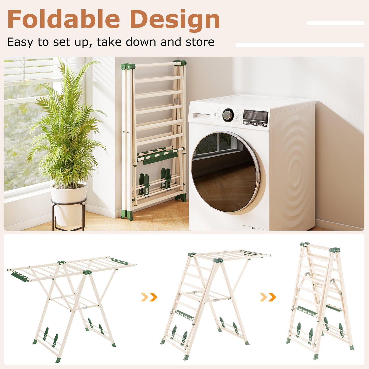 140cm Clothes Drying Rack Foldable Metal Laundry Drying Rack-Beige