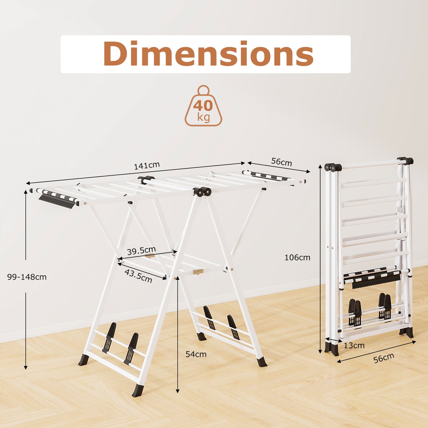 140cm Clothes Drying Rack Foldable Metal Laundry Drying Rack-White