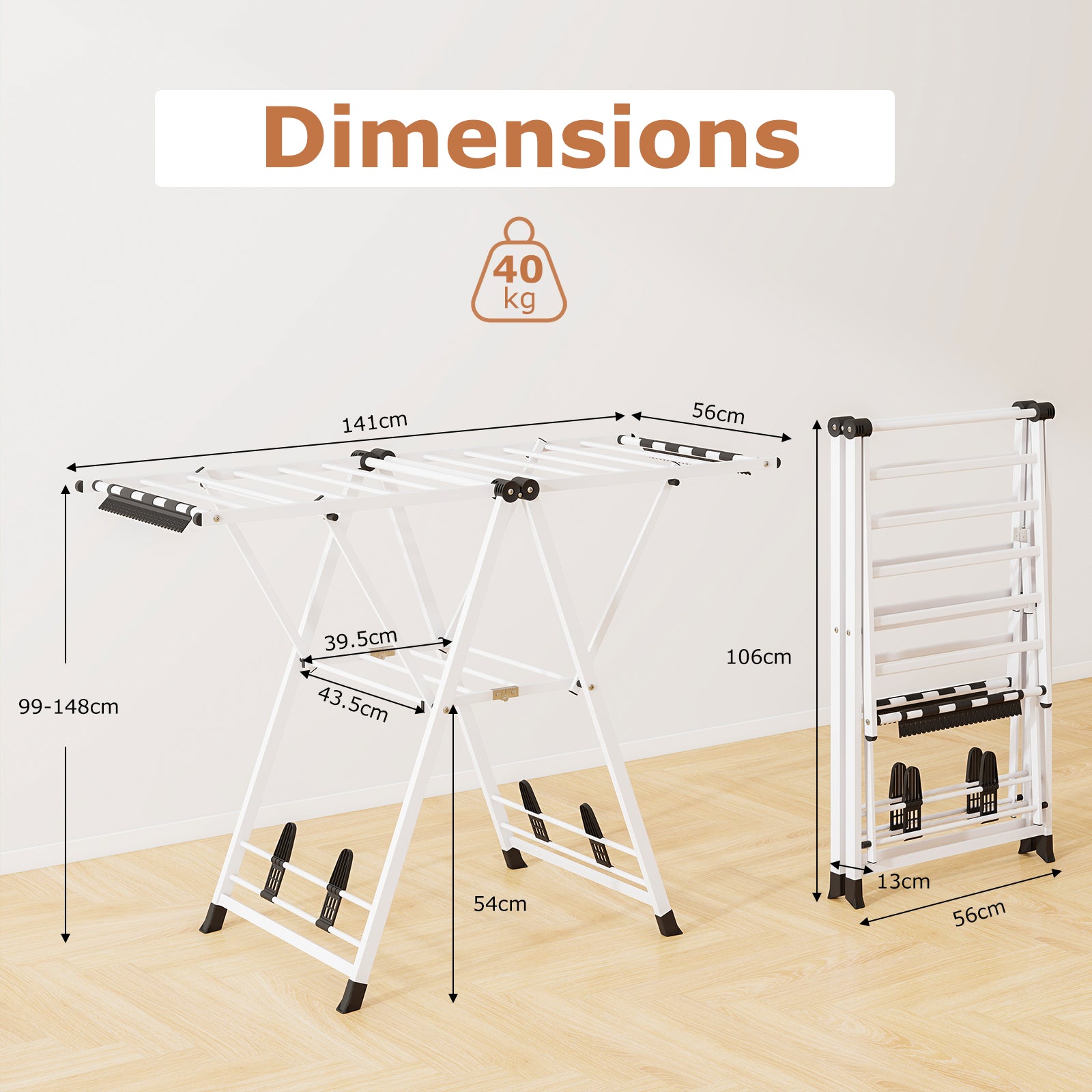 140cm Clothes Drying Rack Foldable Metal Laundry Drying Rack-White