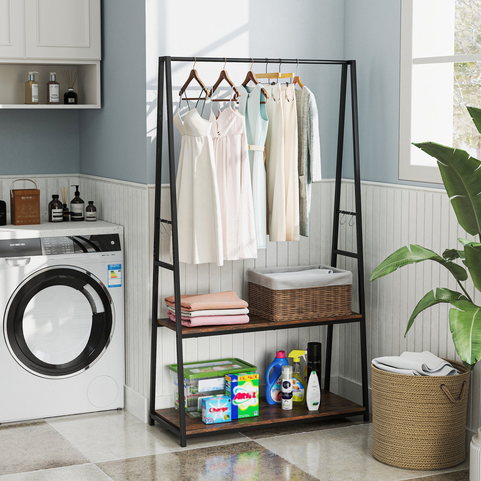 Clothes Rack with 2 Shelves and S Hooks for Laundry-Brown