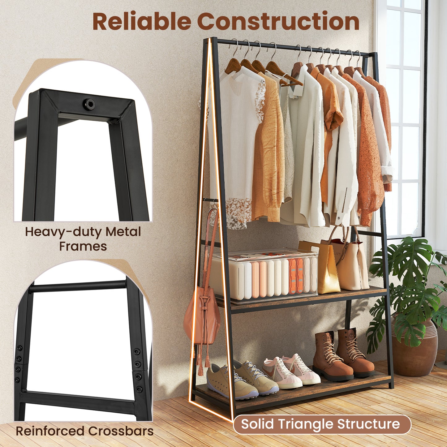 Clothes Rack with 2 Shelves and S Hooks for Laundry-Brown