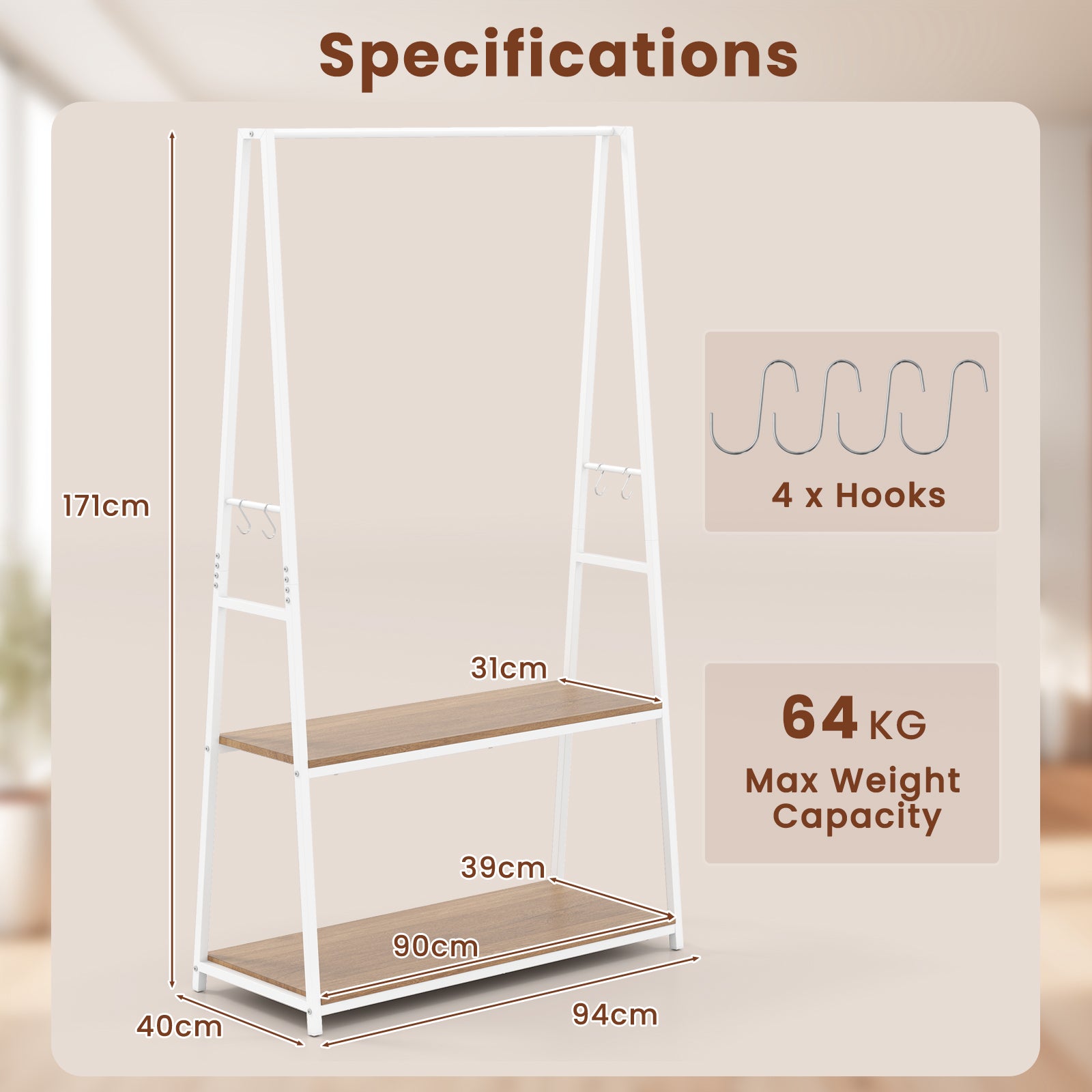 Clothes Rack with 2 Shelves and S Hooks for Laundry-Natural