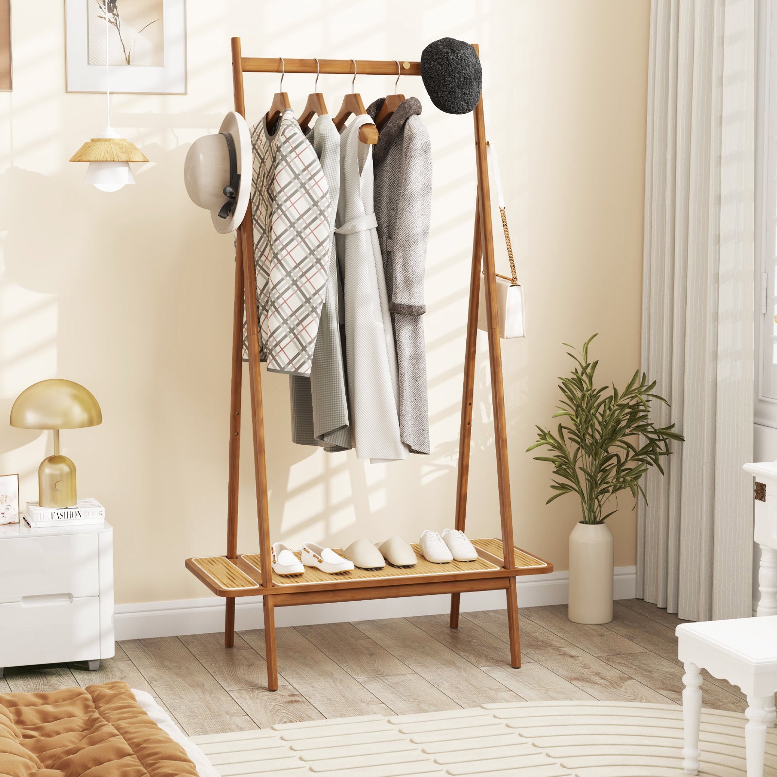 Bamboo Clothes Rack with Hanging Rod Rattan Shelf and 5 Copper Hooks-Coffee